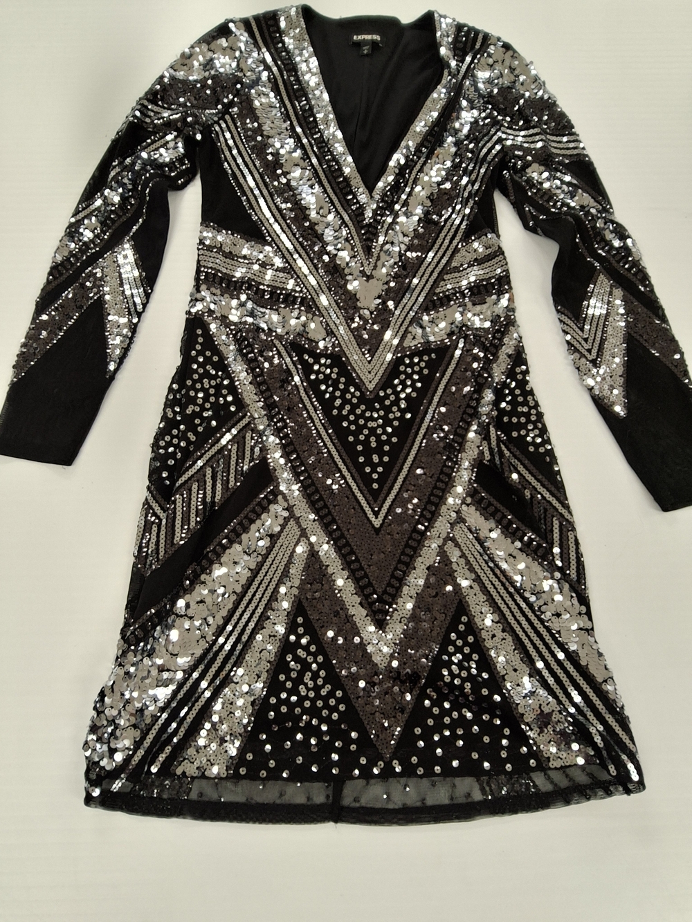 Express Black & Silver Sequin V-Neck Party Dress